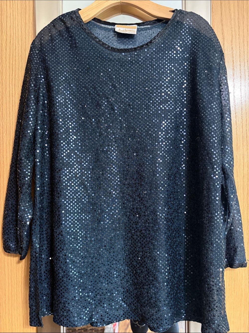 Authentics by Anthony Mark Hankins Black Sequined Mesh Long Sleeve Top Size 2X